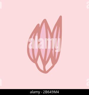 Sign hand drawn herbal Twig leaves. Floral sprig. Spring flower, buttons, blade, bush isolated on pink background. Cartoon outline vector illustration Stock Vector