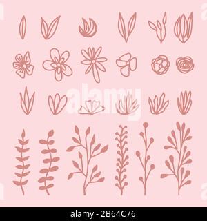 Set hand drawn herbal Twigs. Floral sprig. Spring leaves, flowers, buttons, blade, bush isolated on white background. Doodle outline vector illustrati Stock Vector