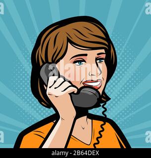 Beautiful girl talking on phone. Retro comic pop art vector illustration Stock Vector