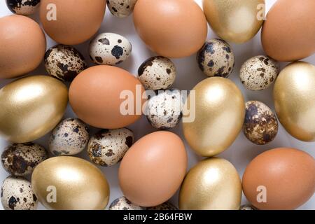 Easter creative monochrome pattern of golden, quail, chicken eggs. View from above. Flat lay. Stock Photo