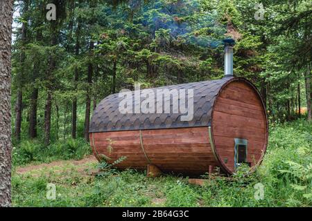 Unusual wooden sauna in forest. Bathhouse near the lake in summer. Stock Photo