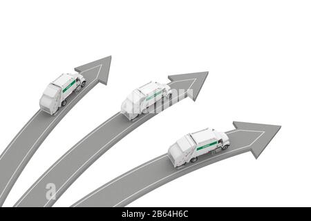 three garbage trucks go in different directions isolated on white above view. 3d rendering Stock Photo