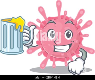 Cheerful corona virus germ mascot design with a glass of beer Stock Vector