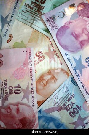 Different Turkish Lira banknotes, Turkey Stock Photo