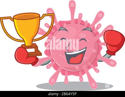 Happy face of boxing winner corona virus germ in mascot design style Stock Vector