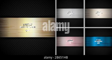 Set of carbon gold, silver, pink gold, bronze, copper and blue metallic on black background and texture. Vector illustration Stock Vector