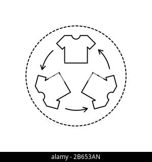 Clothing recycle sign in a circle. T shirt outline with recycle arrows. Recycling clothes line icon. Ethical consumerism and eco friendly manufacture. Stock Vector