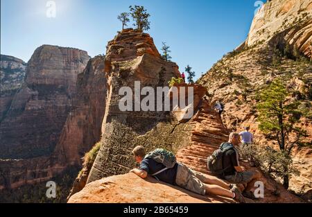 Hikers at Angels Landing Trail, final ascent near Scout Lookout, Zion Canyon on left, Zion National Park, Utah, USA Stock Photo