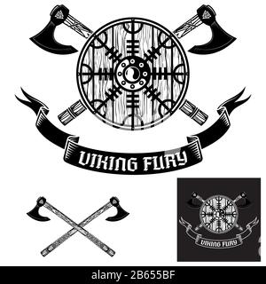 Two crossed battle Viking axes, and viking shield Stock Vector