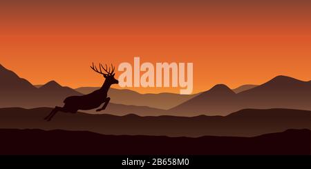 jumping deer silhouette on mountain landscape in orange colors vector illustration EPS10 Stock Vector