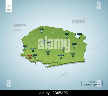 Stylized map of Sierra Leone. Isometric 3D green map with cities, borders, capital Freetow, regions. Vector illustration. Editable layers clearly labe Stock Vector