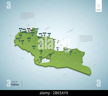 Stylized map of Tunisia. Isometric 3D green map with cities, borders, capital, regions. Vector illustration. Editable layers clearly labeled. English Stock Vector