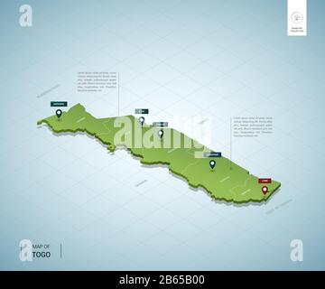 Stylized map of Togo. Isometric 3D green map with cities, borders, capital, regions. Vector illustration. Editable layers clearly labeled. English lan Stock Vector