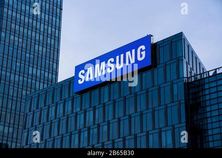 Samsung sign, led outdoor display on headquarters building in Milan, Italy. Samsung Group is one of the largest electronics companies in the world. Stock Photo