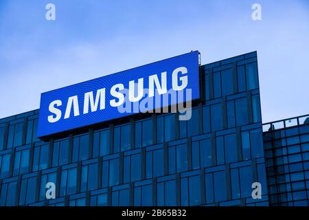 Samsung sign, led outdoor display on headquarters building in Milan, Italy. Samsung Group is one of the largest electronics companies in the world. Stock Photo