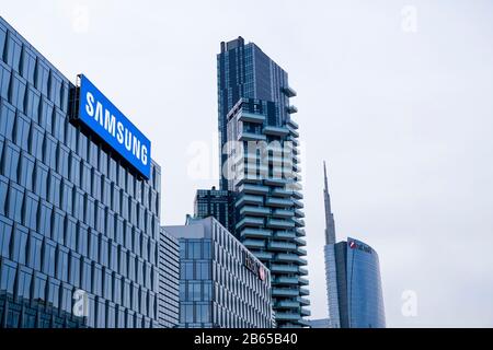 Samsung sign, led outdoor display on headquarters building in Milan, Italy. Samsung Group is one of the largest electronics companies in the world. Stock Photo