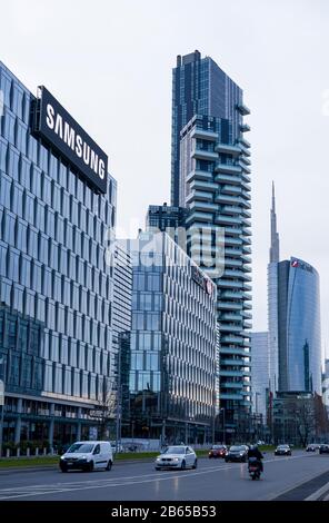 Samsung sign, led outdoor display on headquarters building in Milan, Italy. Samsung Group is one of the largest electronics companies in the world. Stock Photo