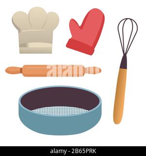 Baking tools, kitchen equipment, sieve and rolling pin, whisk and potholder Stock Vector