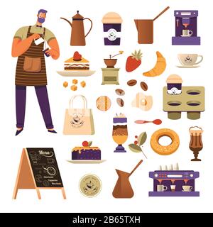 Coffee house isolated icons and barista or bartender, drink and snack Stock Vector
