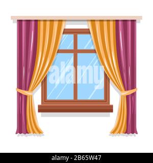 Curtains on window isolated icon, blinds or shutters, textile shade Stock Vector