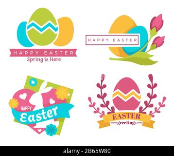Happy Easter isolated icons, color eggs and bunny Stock Vector