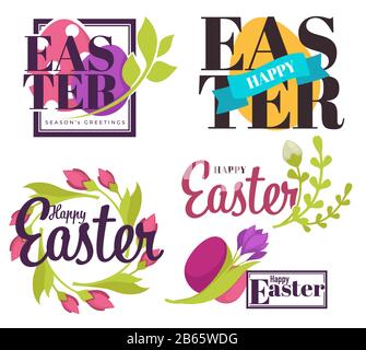 Easter holiday isolated icons, flowers and colored eggs Stock Vector