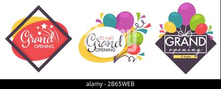 Grand opening isolated icons, balloons and confetti decor Stock Vector