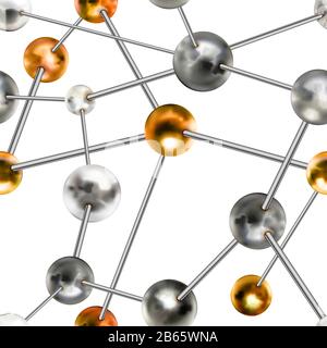 Glossy silver and golden balls in abstract chemical structure, science seamless pattern Stock Vector
