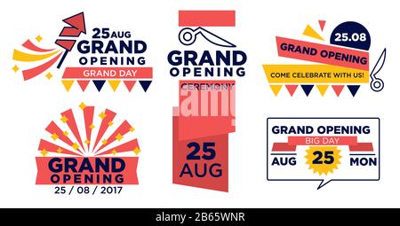 Grand opening ceremony isolated icons, scissors and ribbon Stock Vector