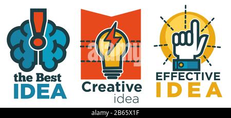 Business idea isolated icons, brain and lightbulb, forefinger Stock Vector