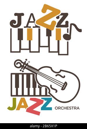 Jazz music isolated icons, piano and violin, orchestra Stock Vector