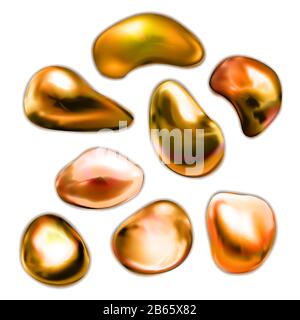 Set of realistic glossy drops of golden metall on white Stock Vector