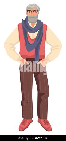 Old man in stylish outfit with glasses and scarf, isolated character Stock Vector