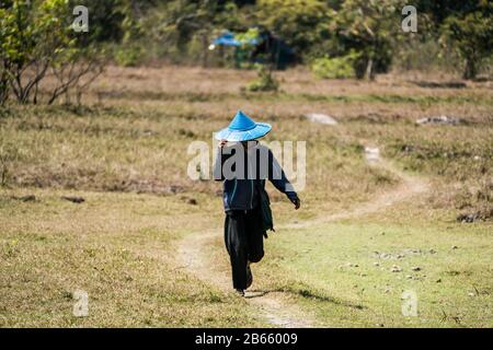 Local man with traditional blue hat walking in the fields, Hpa An, Myanmar, Asia. Stock Photo