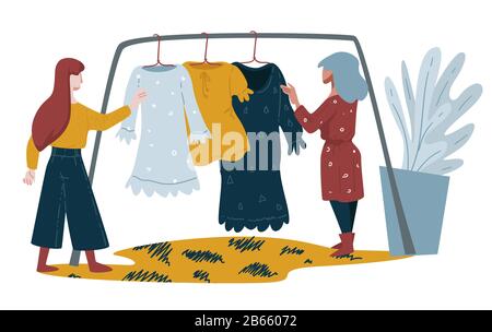 Women shopping, clothes on rack, stylish clothing on hangers Stock Vector
