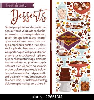 Desserts banner, chocolate and fruit fondue, candies or sweets and cupcakes Stock Vector