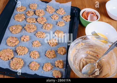 Strawberry Chocolate Chip Cookies on metal tray. Stock Photo