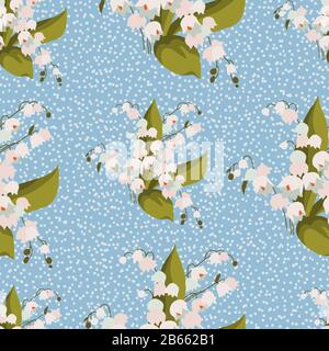 Seamless pattern with bouquets of white cute lilies of the valley on a blue background. Cute cartoon vector illustration Stock Vector