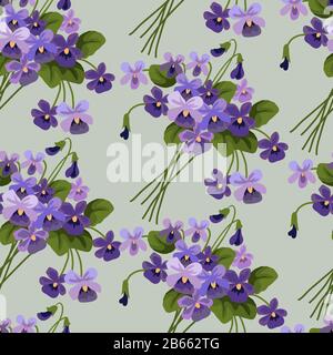 Seamless pattern with bouquets of violet on a blue background. Cute cartoon vector illustration Stock Vector