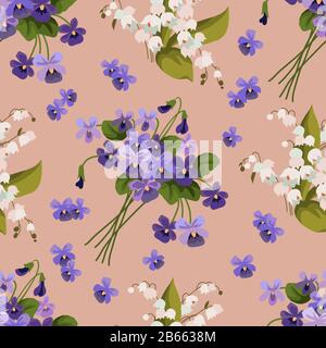Seamless pattern with bouquets of violet and may-lily on a pink background. Cute cartoon vector illustration Stock Vector