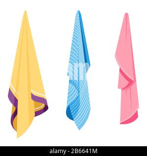 Towels on hooks, bathroom textile objects, hygiene Stock Vector