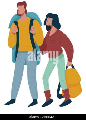 Hikers couple or backpackers, man and woman traveling, isolated characters Stock Vector