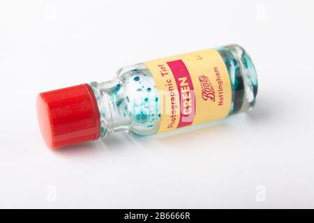 Small empty bottle of old photographic photo tint from the company Boots Stock Photo
