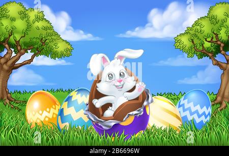 Easter Bunny Rabbit Breaking Chocolate Egg Scene Stock Vector