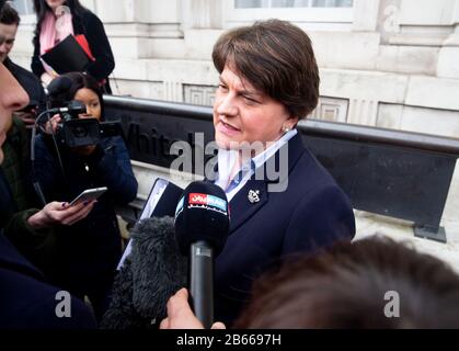 Arlene Foster, First Minister of Northern Ireland, leaves the Cabinet Office after an emergency COBRA meeting to discuss the Coronavirus. Stock Photo