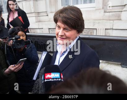 Arlene Foster, First Minister of Northern Ireland, leaves the Cabinet Office after an emergency COBRA meeting to discuss the Coronavirus. Stock Photo