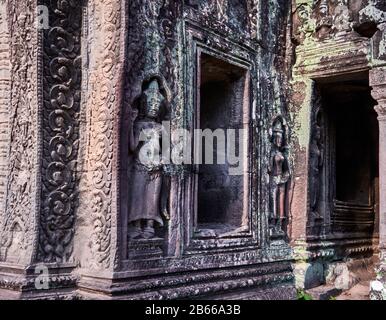 Cambodia-Angkor Ta ProhmSandstone sculpture of Apsara Devata. An Apsara or Apsarasa is a female spirit of the clouds and waters in Hindu and Buddhist mythology. Deva is the Hindu term for deity, devatas are a kind of smaller more focused devas Stock Photo