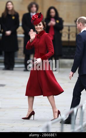 Catherine The Duchess of Cambridge, The Commonwealth Service at Westminster Abbey today, attended by Queen Elizabeth II, Prince Charles The Prince of Wales, Camilla The Duchess of Cornwall, Prince William The Duke of Cambridge, Catherine The Duchess of Cambridge, Prince Harry The Duke of Sussex, Meghan Markle The Duchess of Sussex, Prince Edward The Earl of Wessex, Sophie The Countess of Wessex, along with heads of government and representatives of the countries of the Commonwealth. Commonwealth Service, Westminster Abbey, London, March 9, 2020. Stock Photo