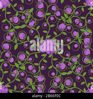 seamless pattern with flowers branches and leaves on a purple dark background. Vector image Stock Vector