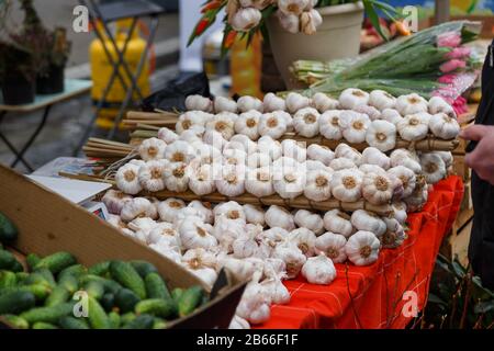 fresh garlics in a market on fair Stock Photo